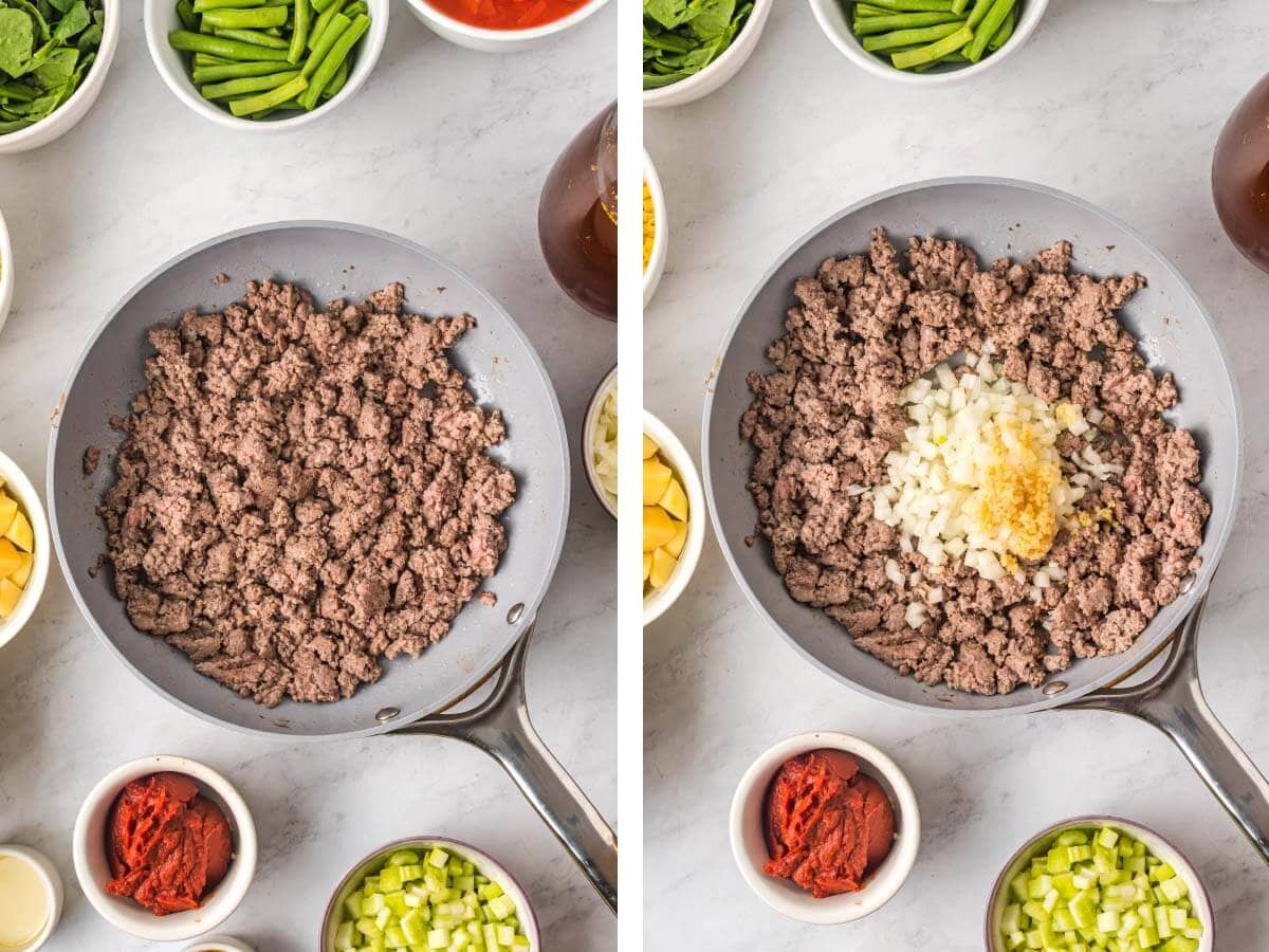 cooking ground beef in skillet, onion added to skillet.