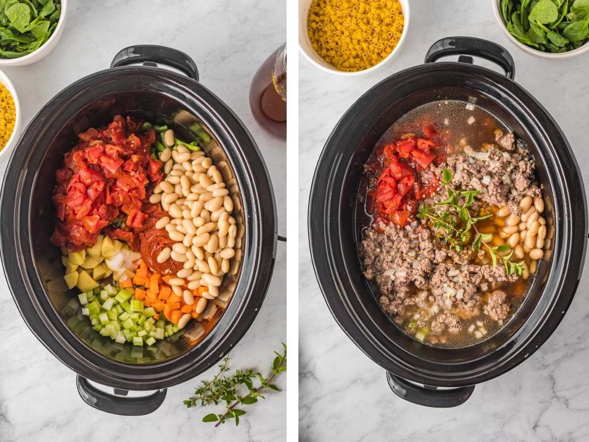 cooked meat, vegetables, seasonings added to crock, broth added and stirred.