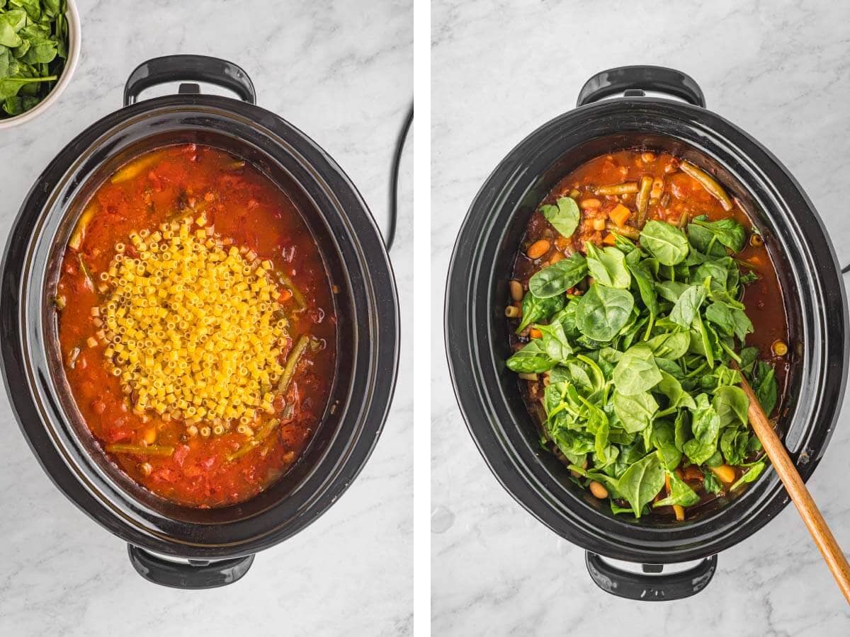 pasta added to cooked soup in crock, baby spinach added to cooked soup.