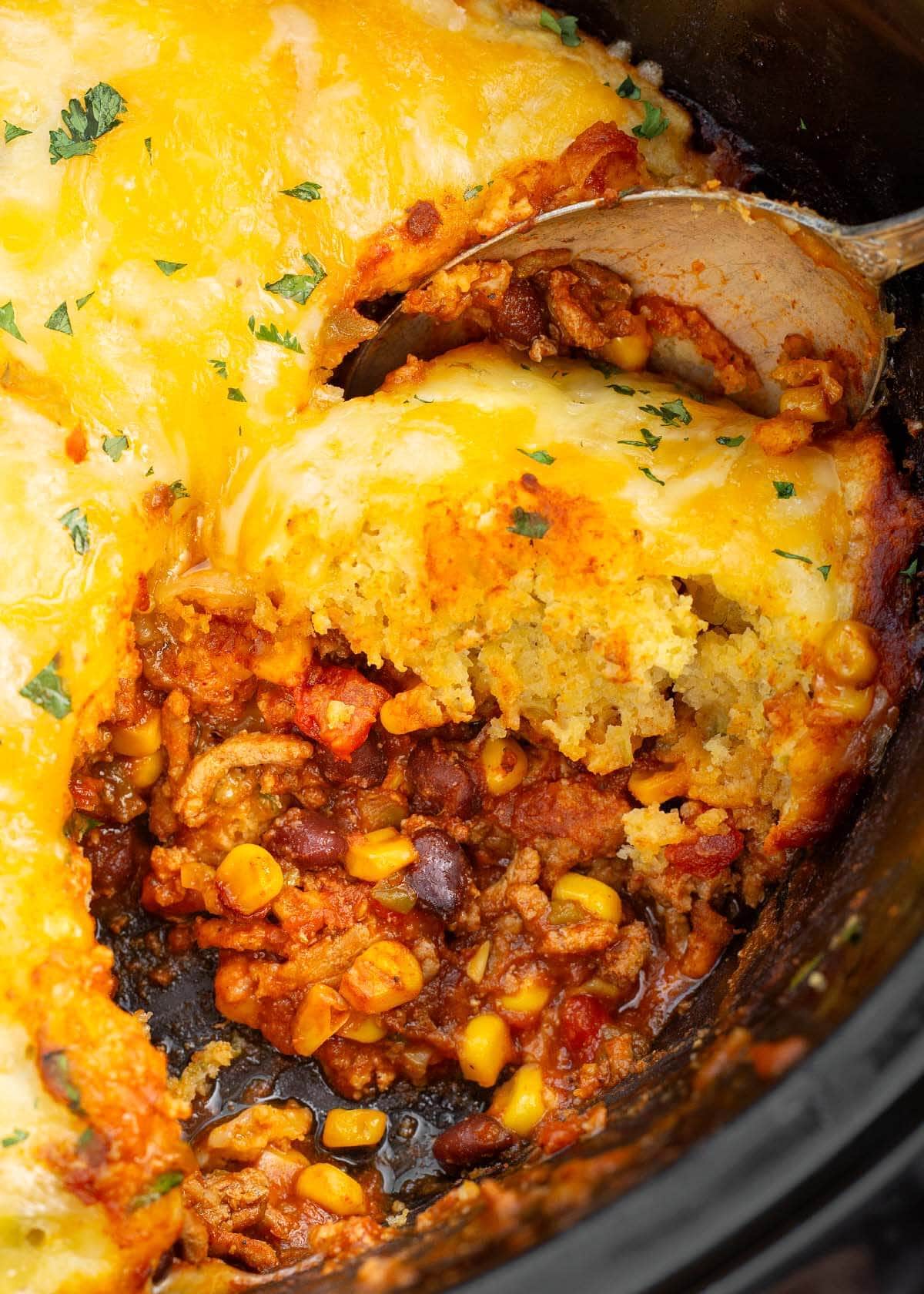 closeup of tamale pie in crockpot.