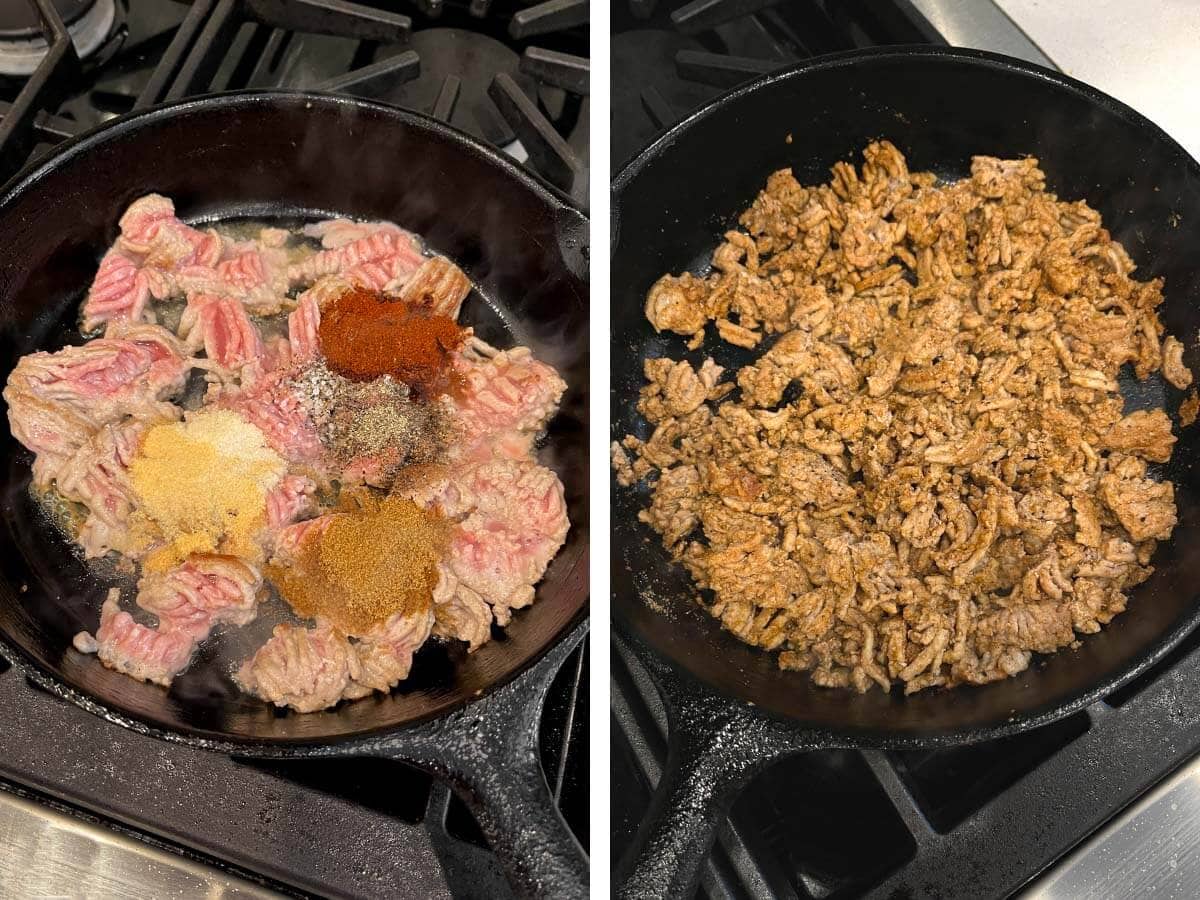 meat in skillet with spices cooking, meat all cooked.