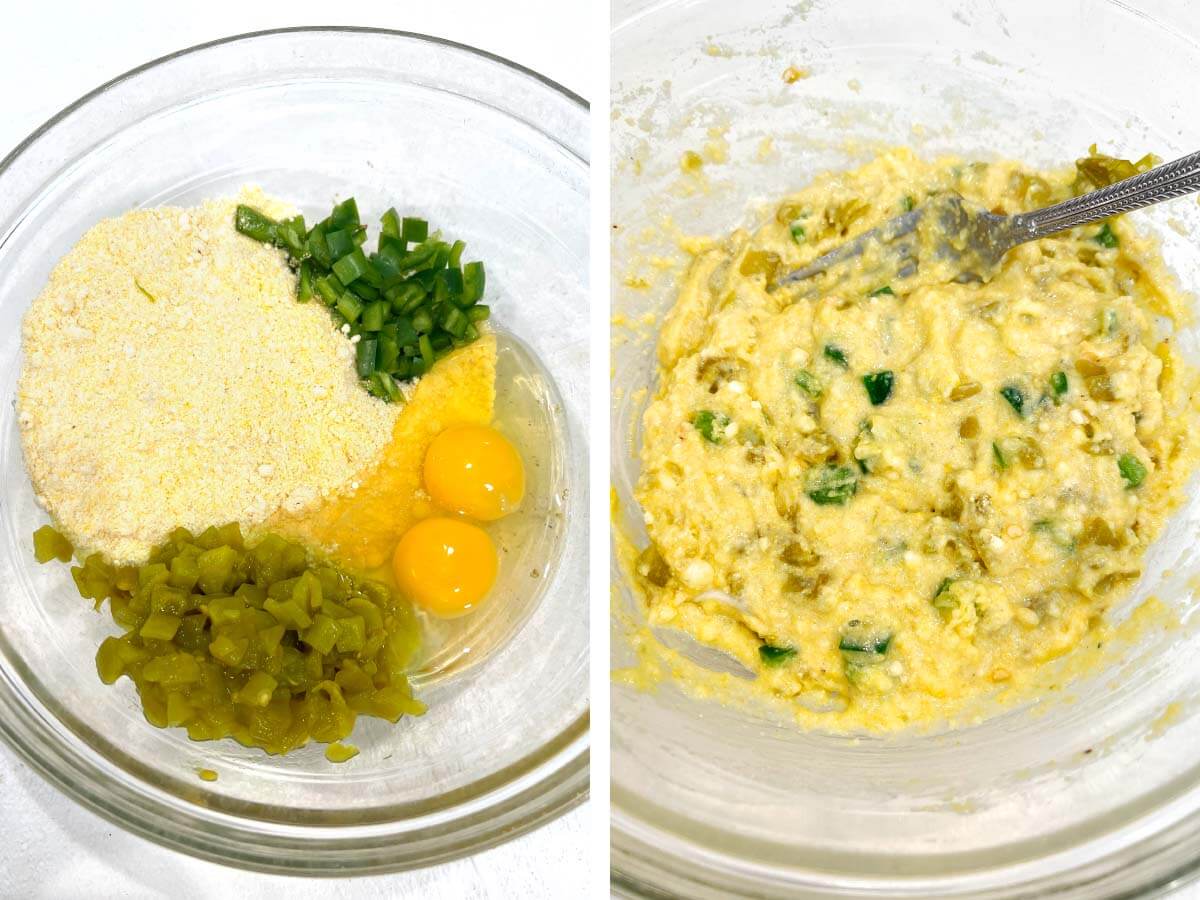 glass bowl with cornbread mix and eggs, cornbread mixture stirred.