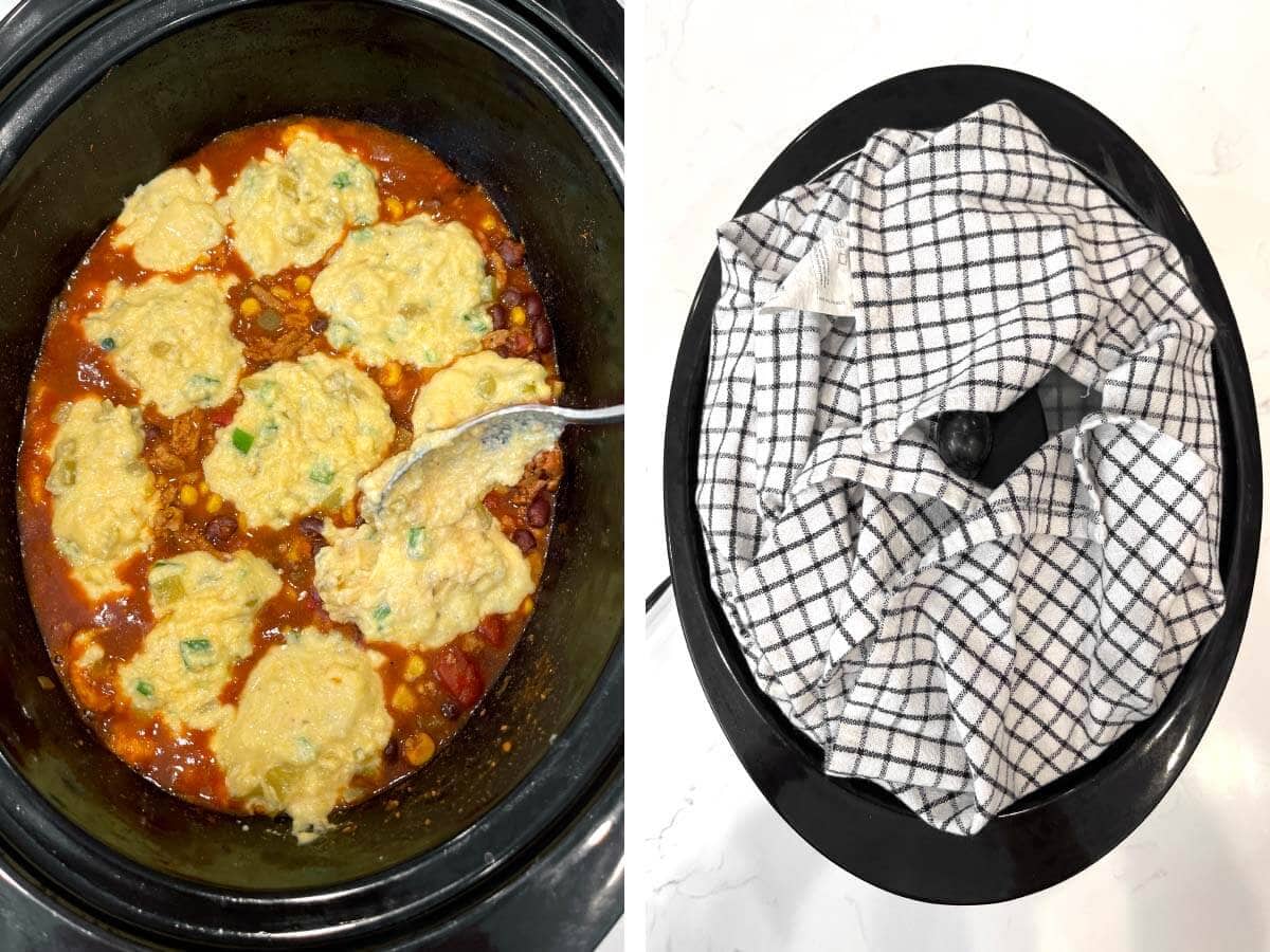 spooning cornbread batter on meat mixture, tea towel wrapped around lid on slow cooker.