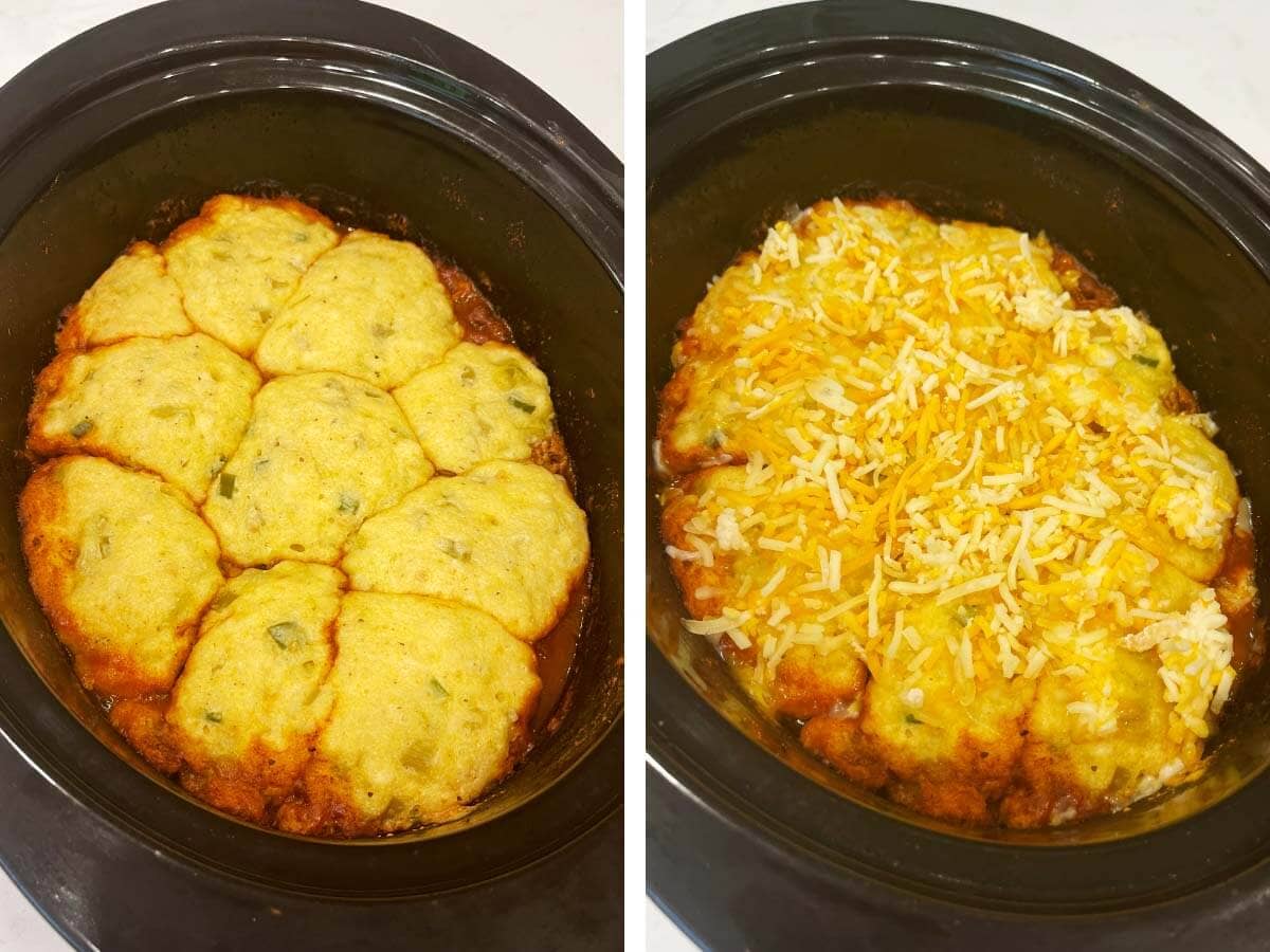 cooked cornbread topping on tamale pie in crock, cheese added to top.