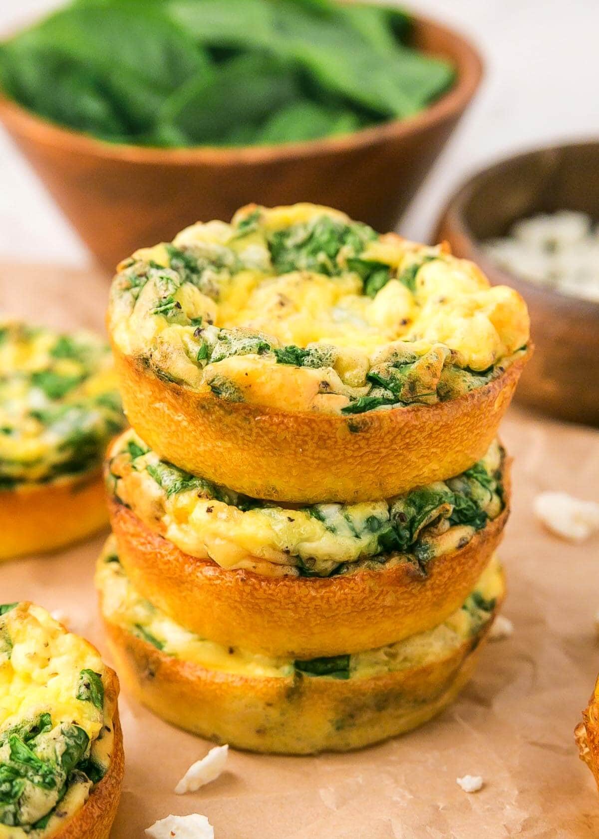 3 Spinach Feta Egg Muffins in a stack