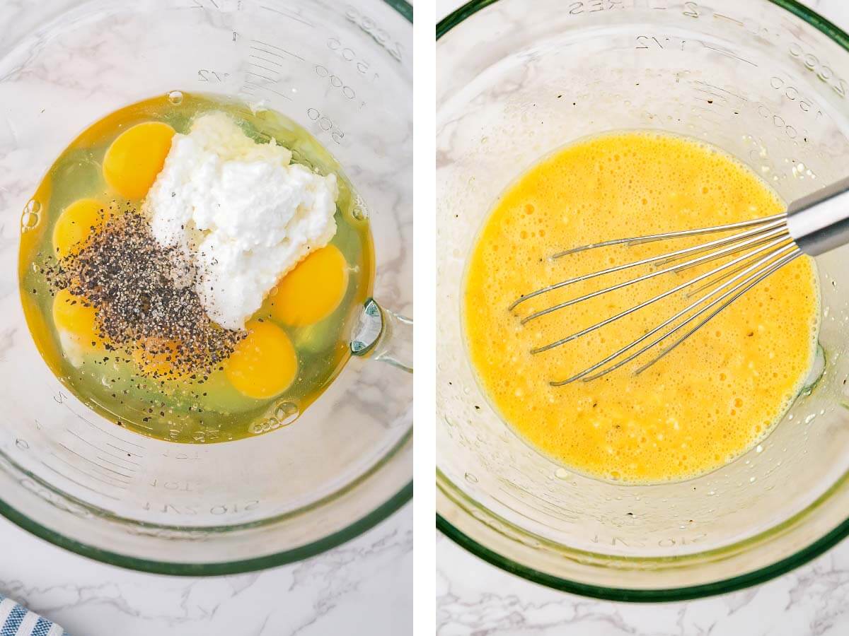 eggs, cheese, spices in bowl with whisk, egg mixture whisked together