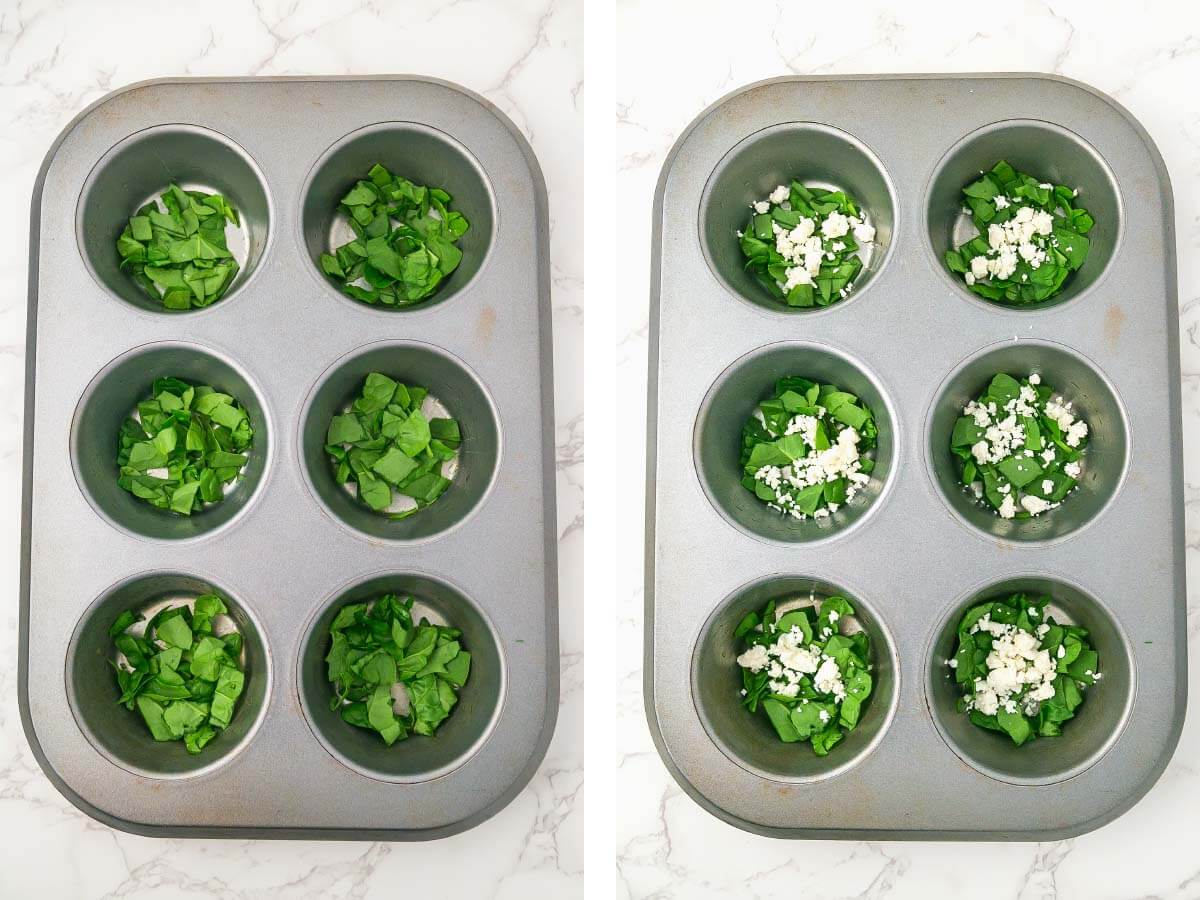 6 hole muffin tin with chopped spinach in the holes, feta cheese added.