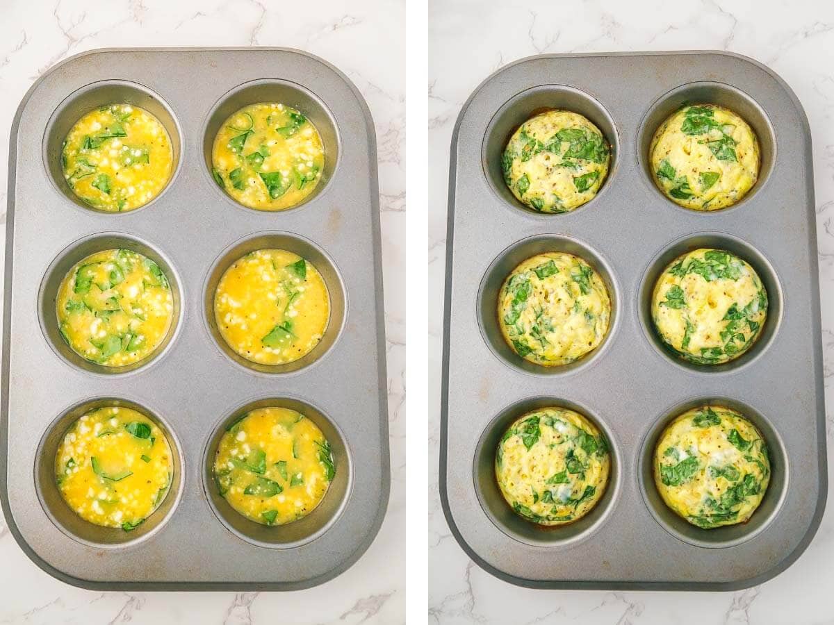 6 hole muffin tin with chopped spinach, feta, egg mixture in the holes before baking, after baking.