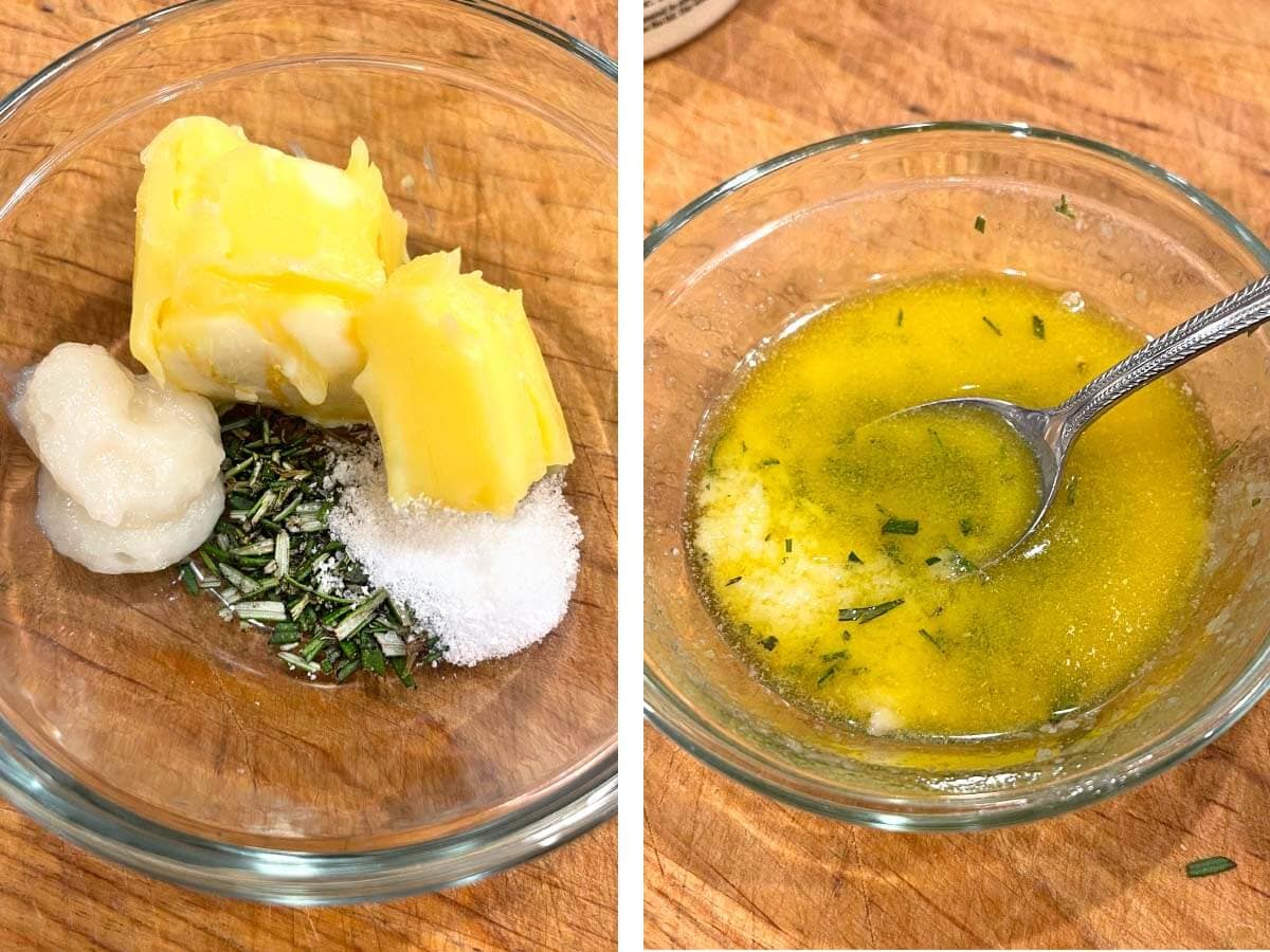 herb butter ingredients in bowl, stirring melted butter.