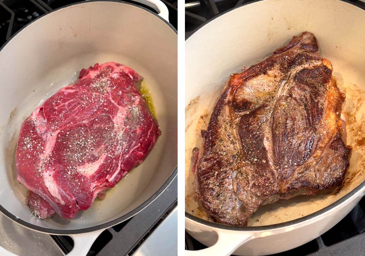 browning chuck roast in Dutch oven.