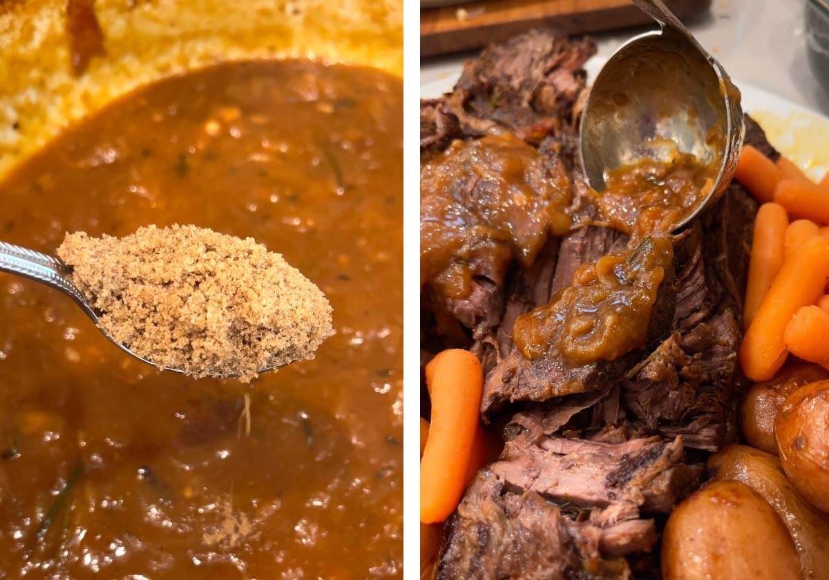 adding salt and brown sugar to gravy, ladling gravy over roast.