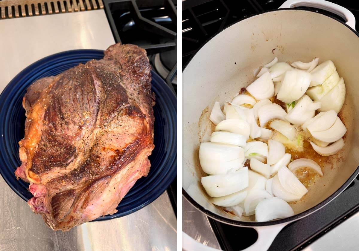 roast resting on plate, cooking onions in Dutch oven.