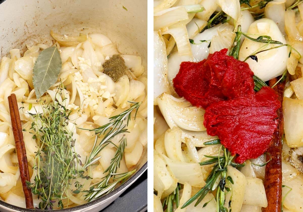 aromatics added to onions in pot, tomato paste added.