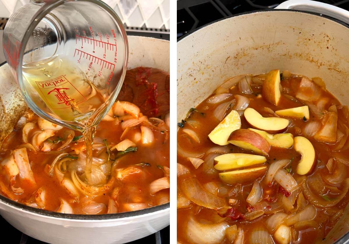 broth and apple cider pouring into pot, apples added.