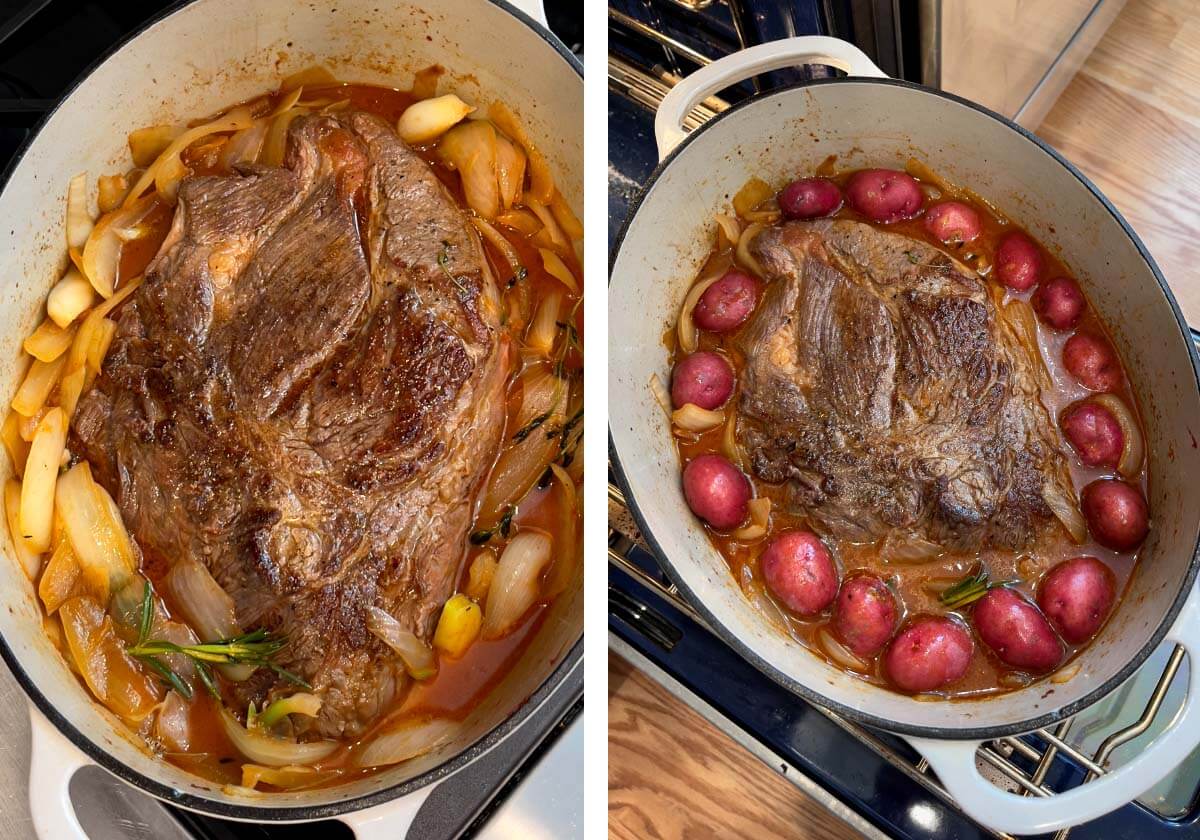 roast added back into pot, potatoes added.