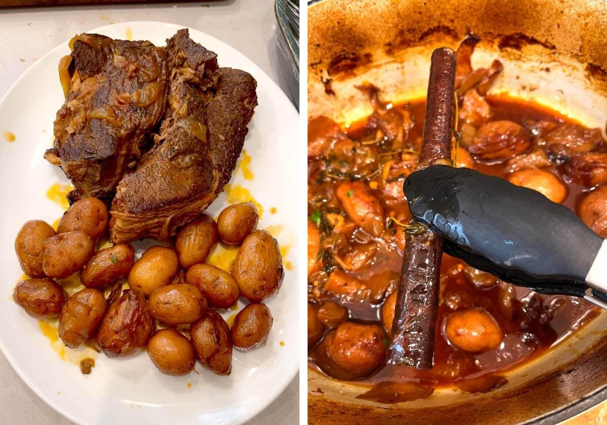 Roast and potatoes on plate, removing cinnamon stick from pot.