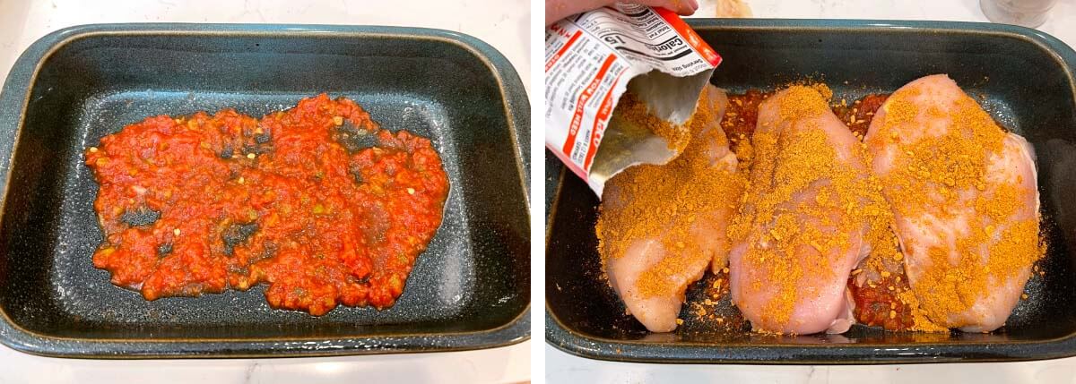salsa in a baking dish, chicken breasts in baking dish with taco seasoning sprinkled on