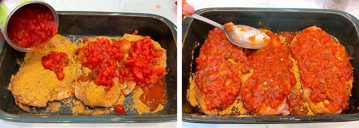 diced tomatoes on seasoned chicken breasts, spreading out with spoon.