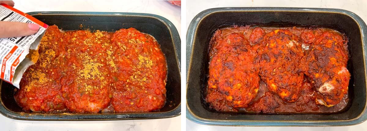 adding taco seasoning to the chicken and tomatoes, salsa added and chicken baked