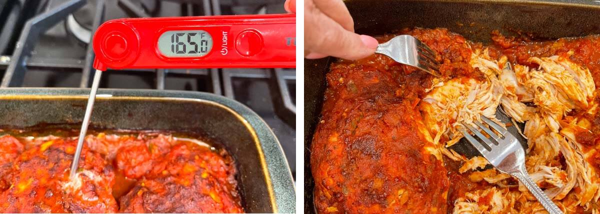 meat thermometer showing 185 degress F, shredding chicken with two forks.