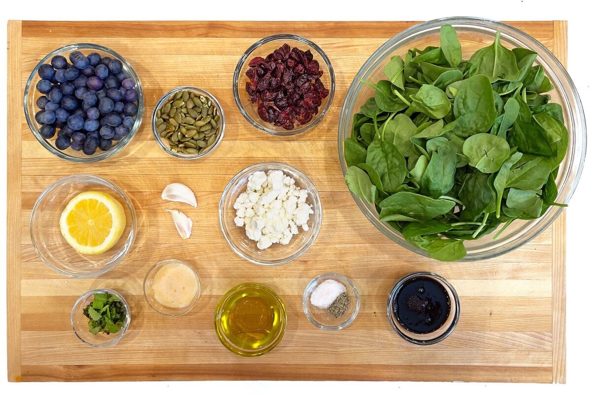 Blueberry Spinach Salad ingredients shot on board