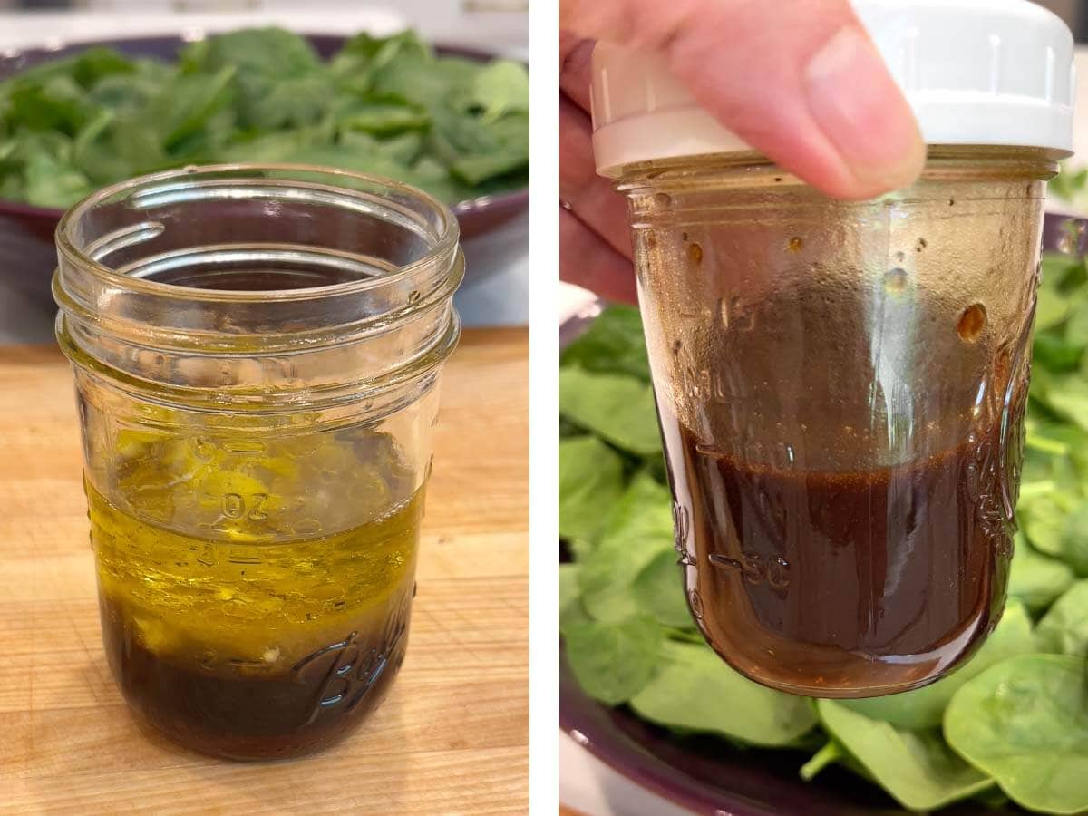 mixing balsamic vinaigrette in a jar.