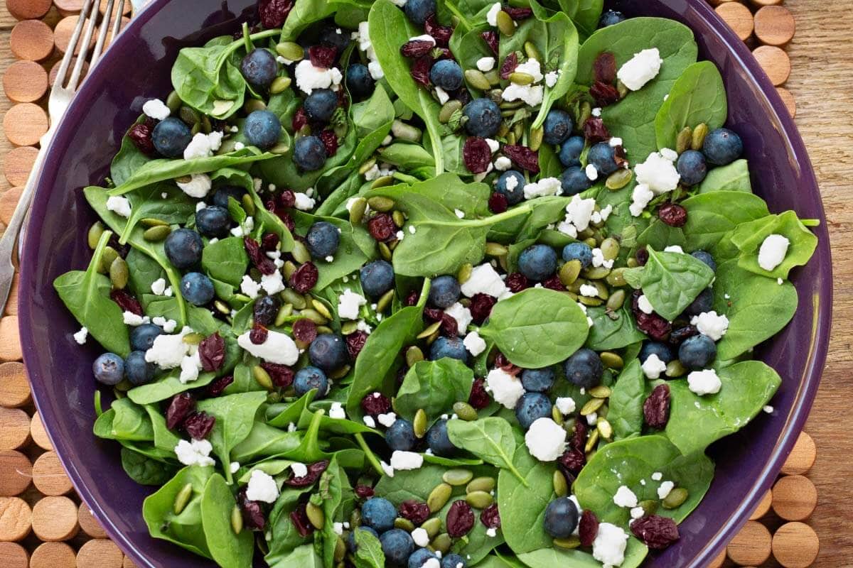 closeup of undressed salad with spinach, blueberries, goat cheese, pepitas, dried cranberries