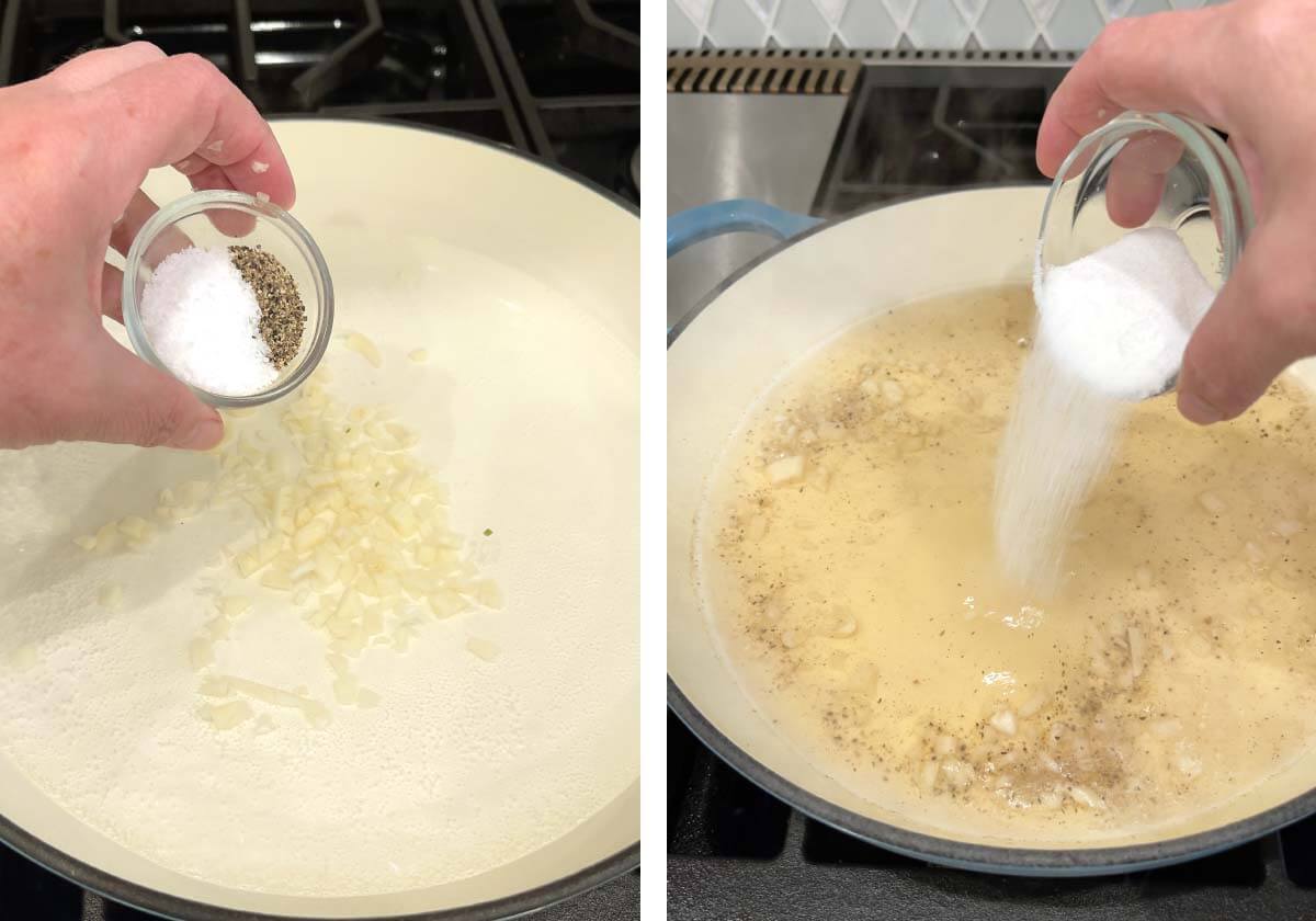 adding salt, pepper and sugar to water in pot.