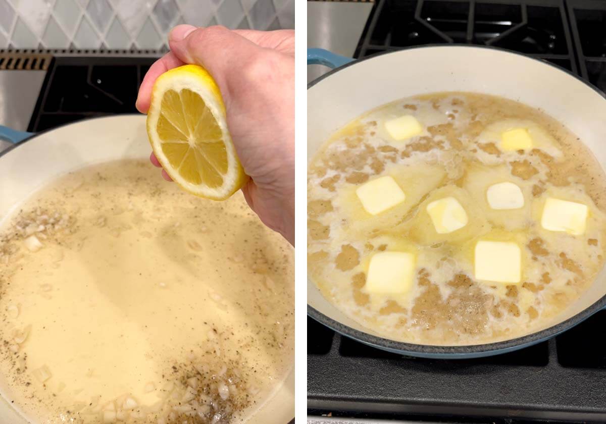 adding lemon juice and butter slices to water in pot.