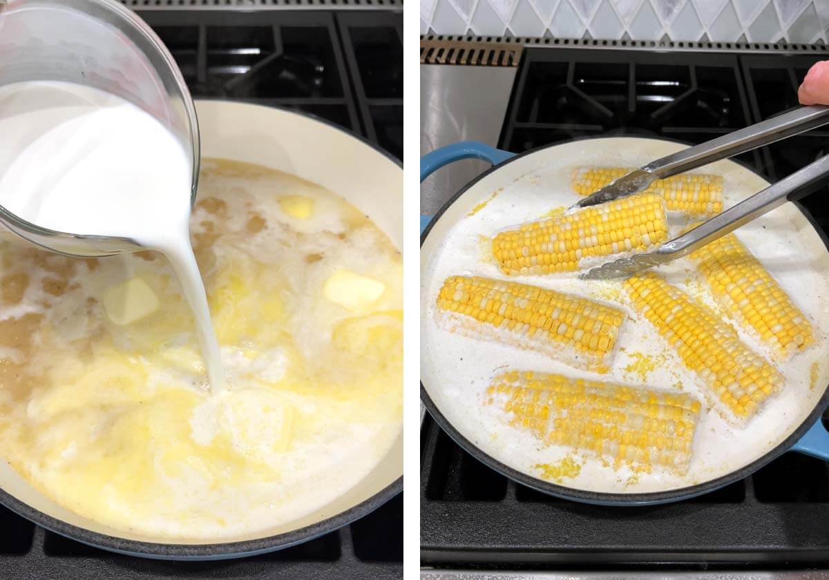 pouring half and half to water in pot, placing corn in pot with tongs.