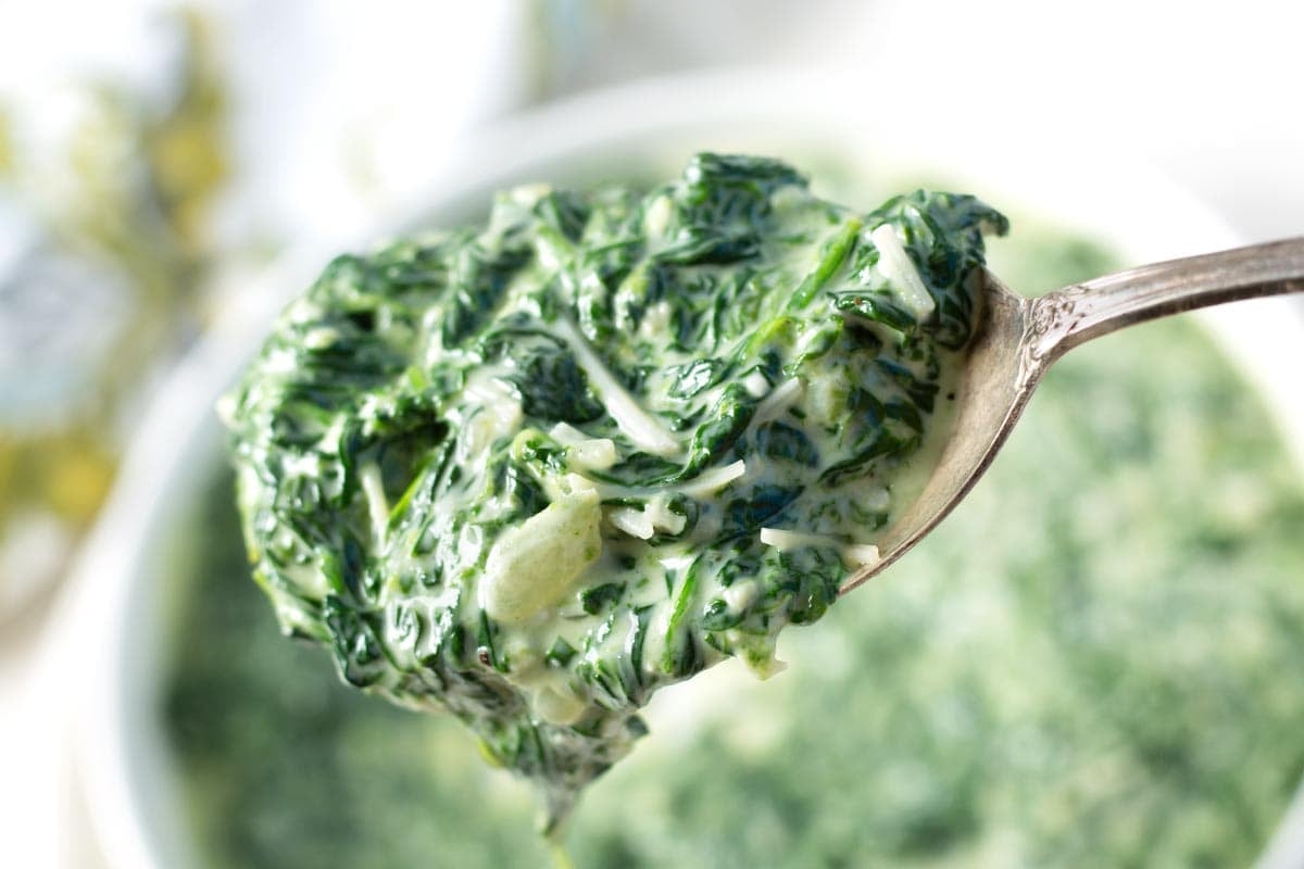 Cheesy Creamed Spinach on a spoon closeup.