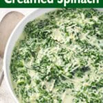 Cheesy Creamed Spinach in a white bowl