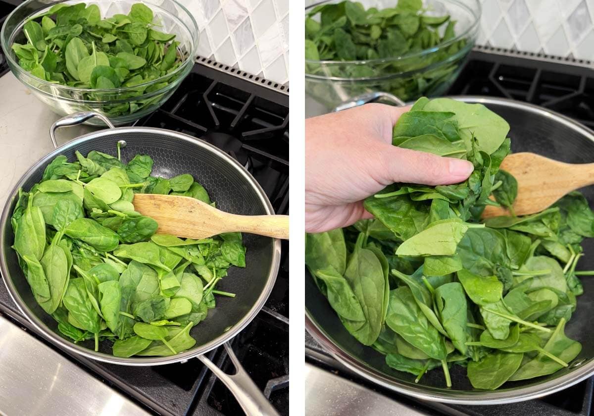 cooking baby spinach in a skillet