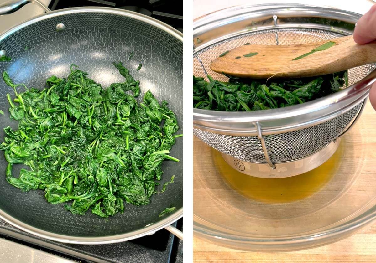 spinach in skillet cooked down, draining spinach in a sieve.