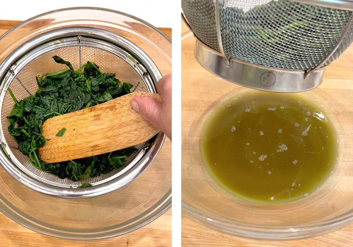 pressing cooked spinach in a sieve, lifting sieve out of bowl to see liquid from spinach.
