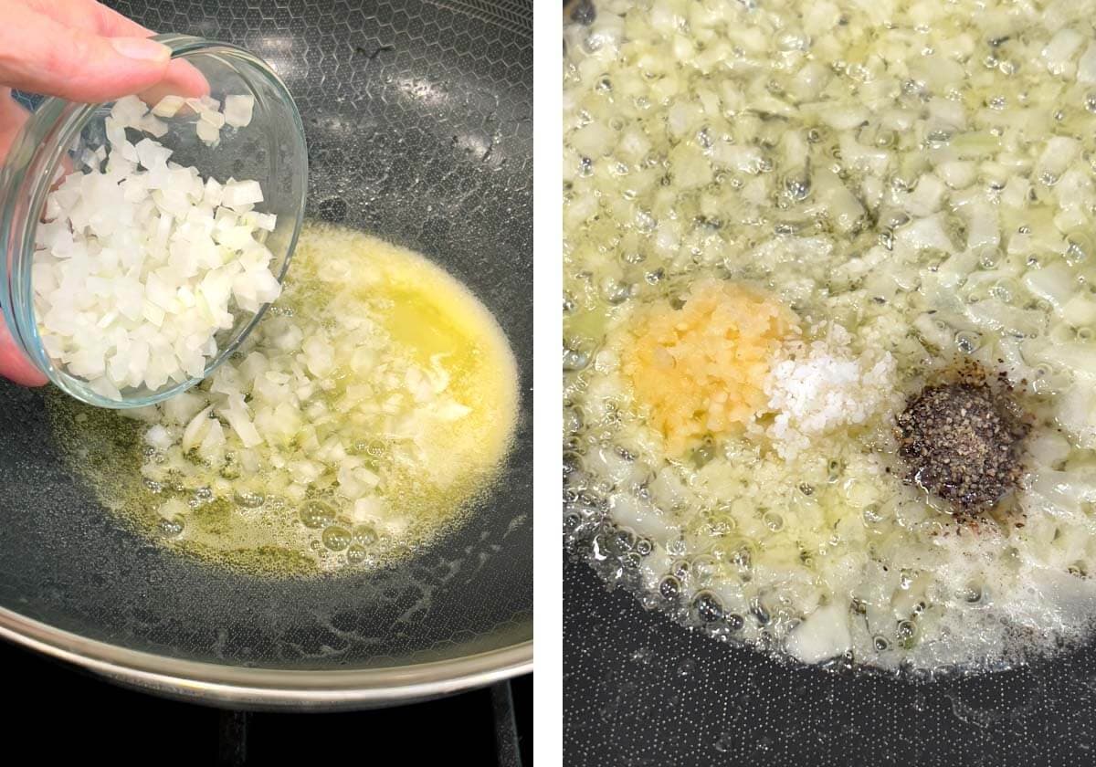 adding onions to butter in skillet, garlic, salt & pepper added to cooked onions.