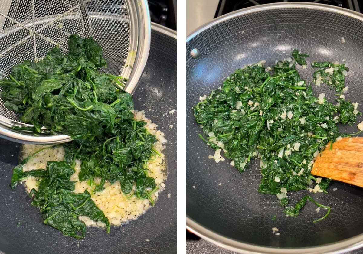 adding spinach back in skillet, stirred spinach mixture.