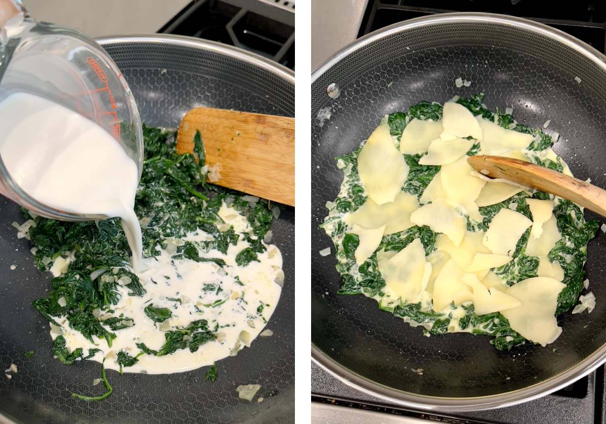 adding cream to spinach mixture, torn provolone pieces on cooked spinach.