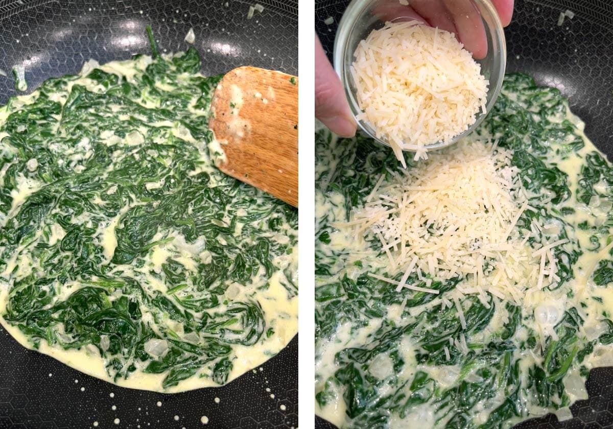 stirring spinach mixture to warm up, adding parmesan to spinach mixture.