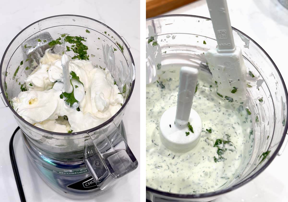 sour cream and mayo added to cilantro mixture in food processor