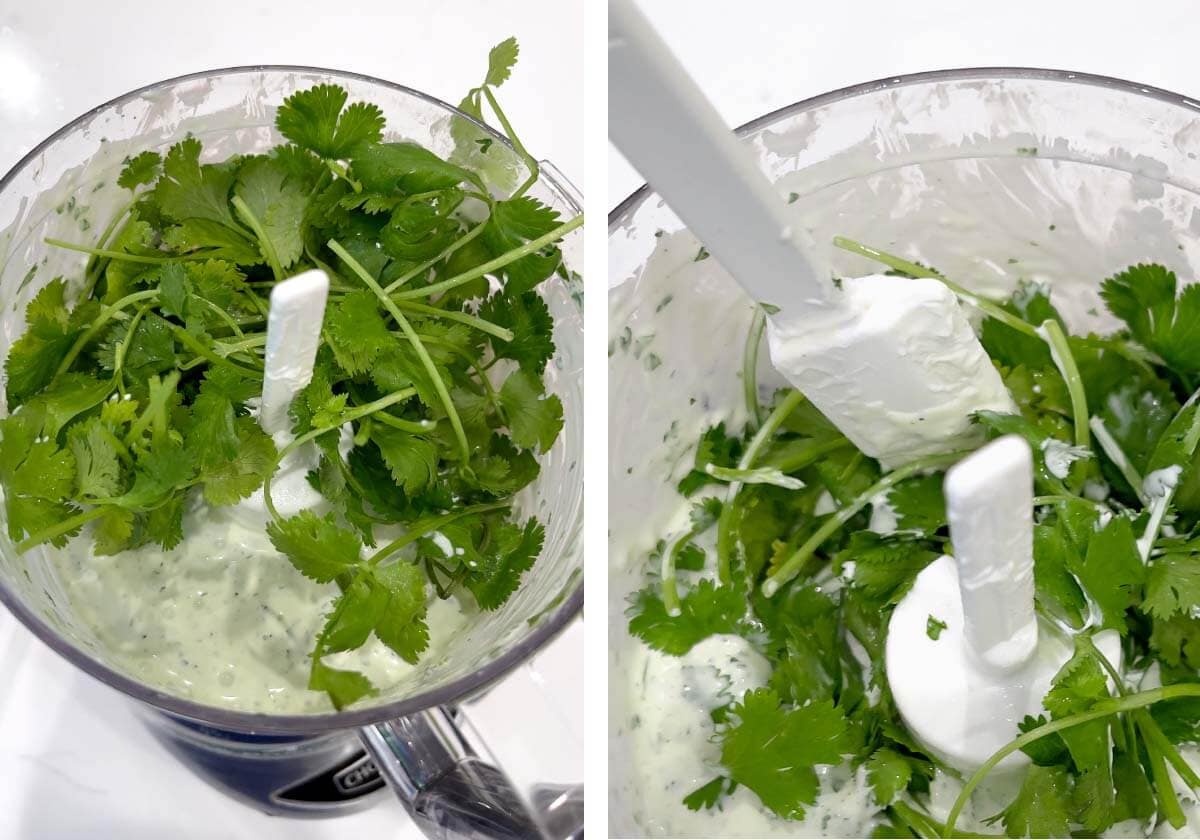 adding more cilantro to food processor, pushing it gown with spatula.