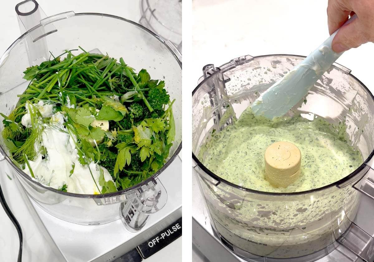 food processor with sour cream and herbs in it, spatula scraping down sides.