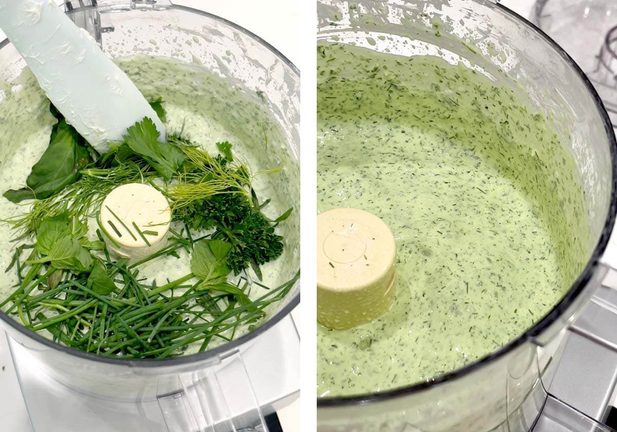 more herbs added to food processor, blended salad dressing in food processor.