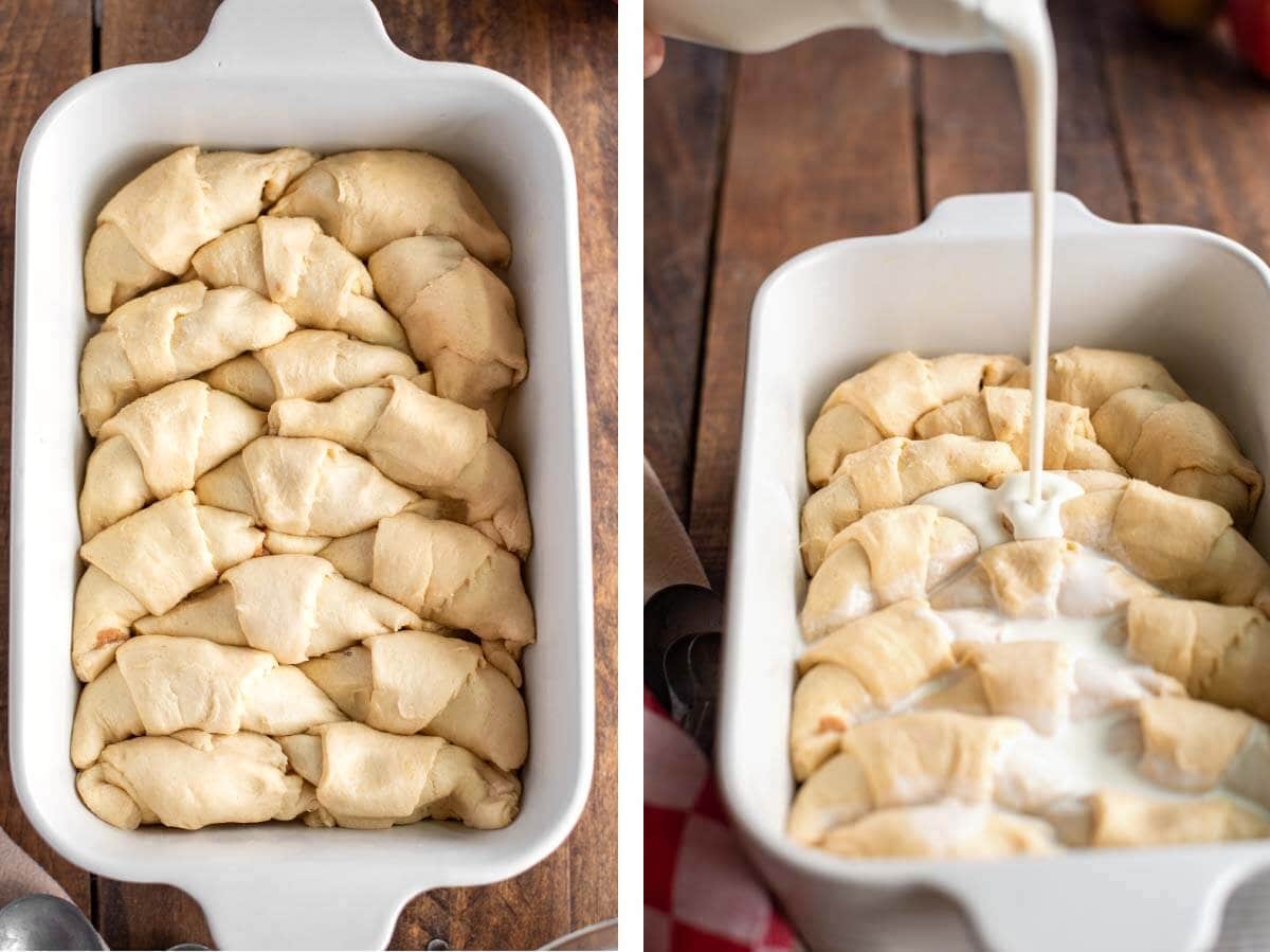 assembled Crescent Roll Apple Dumplings in baking dish, pouring heavy cream over them.