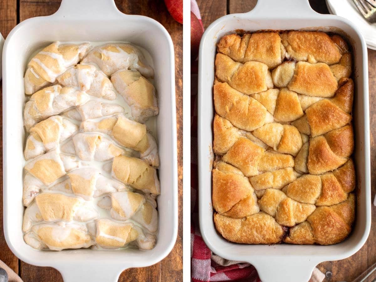 Crescent Roll Apple Dumplings in pan before and after baking.