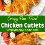 Crispy Pan-Fried Chicken Cutlets on a white plate with salad
