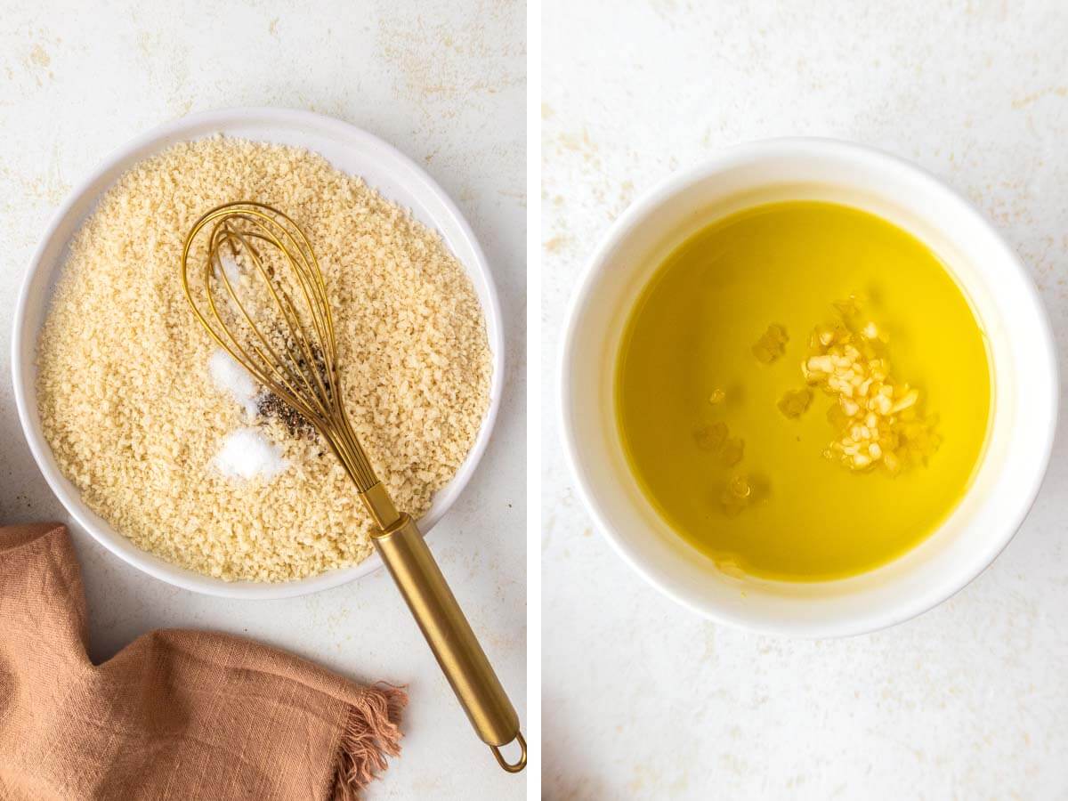 plate of breadcrumbs & whisk, ramekin of garlic-olive oil