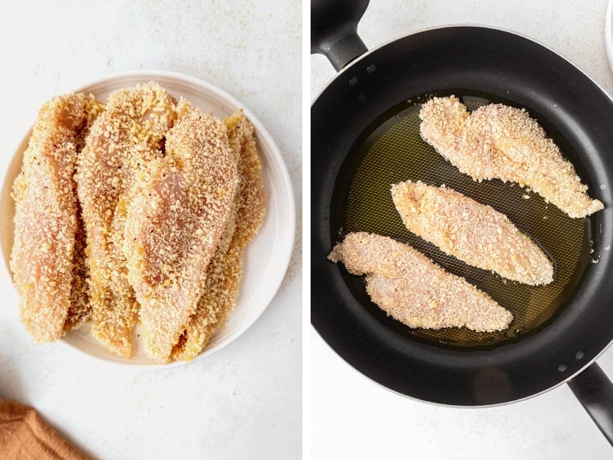 plate of breaded cutlets, pan frying breaded chicken