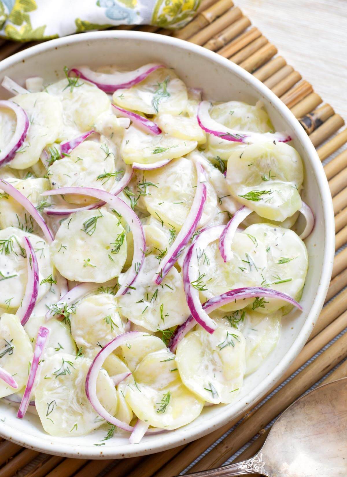 Creamy Dill Cucumber Salad in a white bowl