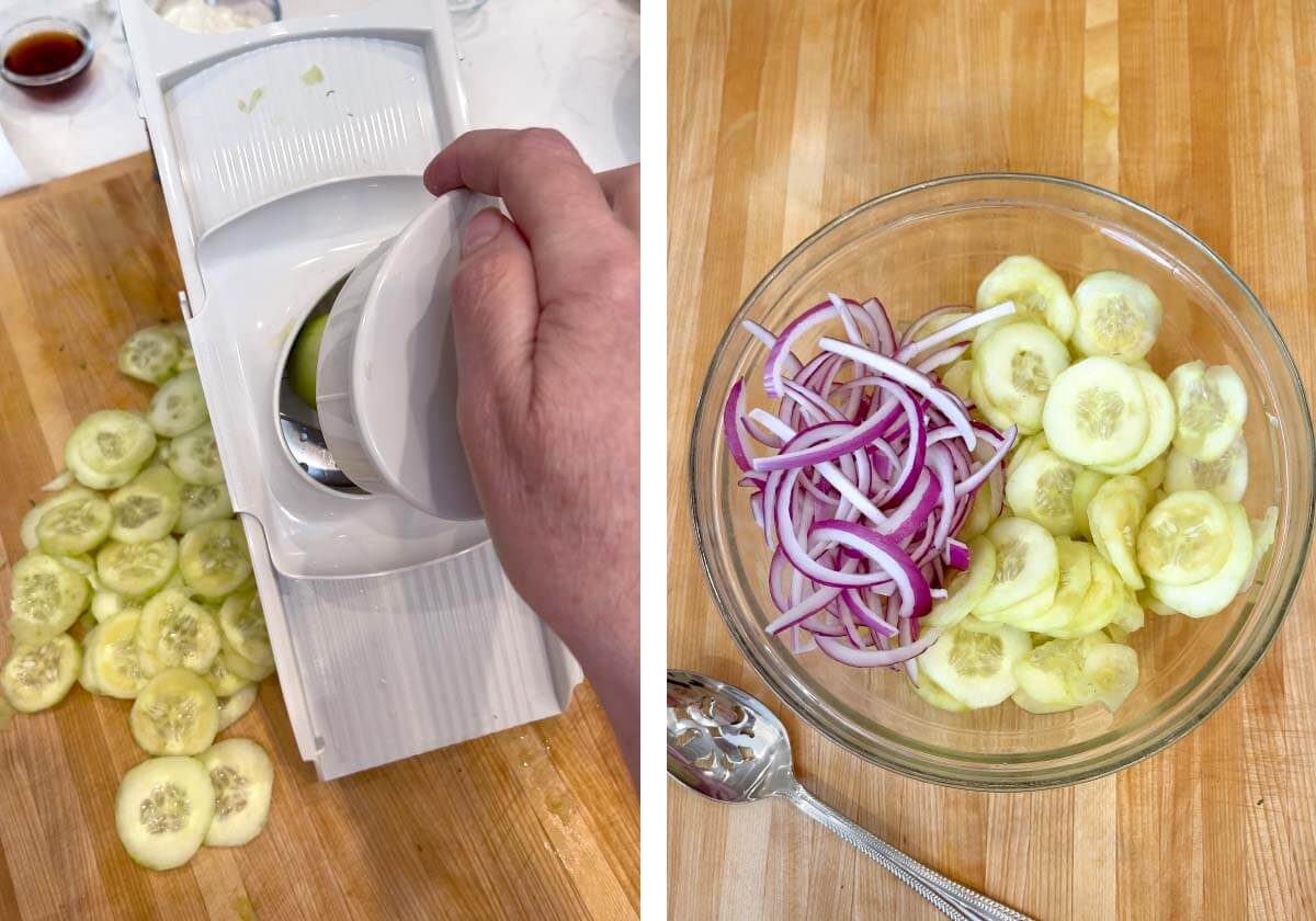 slicing cucumber with mandolin, cucumber slices in a sieve in a bowl adding salt.